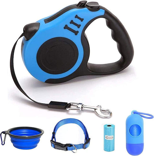 Retractable Dog Leash for Medium & Small Dogs & Cats - 16.5FT Tangle Free Heavy Duty Walking Leash with Anti Slip Handle, Pause & Lock Strong Nylon Tape, Blue