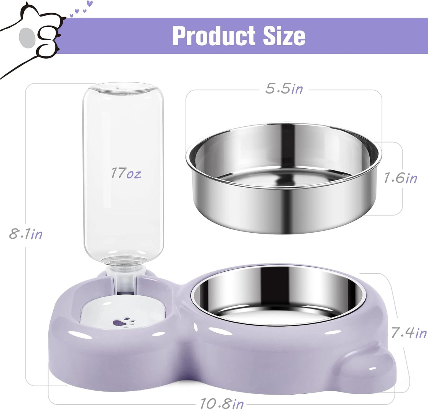 Dog Bowls, Cat Food and Water Bowl Set with Water Dispenser and Stainless Steel Bowl for Cats and Small Dogs - Purple