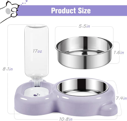 Dog Bowls, Cat Food and Water Bowl Set with Water Dispenser and Stainless Steel Bowl for Cats and Small Dogs - Purple
