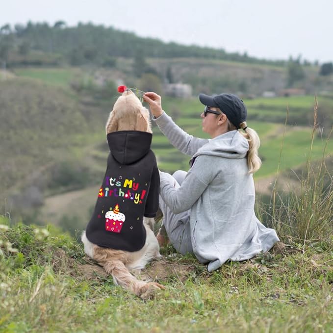 GreenJoy Dog Sweater Dog Hoodie Cold Weather Coat Hooded Sweatshirt for Puppies,Cats, Small Medium Large Dogs (Black(It's My Birthday), X-Large)