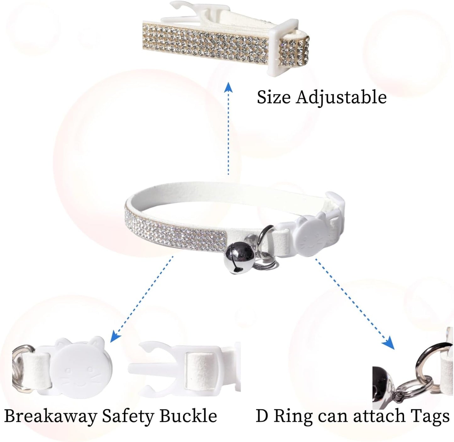 Rhinestone Cat Collar Breakaway with Bell Safety Buckle, Adjustable Diamond Girl Boy Kitty Cute Comfy Collar for Kitten Tiny Little Pets Rabbits, 6"-9" White Extra Small