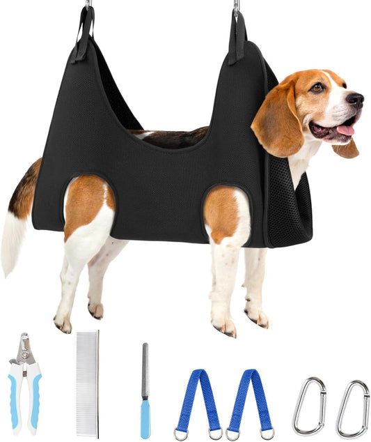 Supet Dog Grooming Hammock Harness for Dogs Cats, Relaxation Pet Nail Clipper Hammock, Restraint Dog & Small Animal Leashes Sling for Groomingk for Nail Trimming (Black, L)