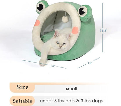Jiupety Cute Cat Bed, Indoor Lovely Velvet Igloo for Cat, Warm Cave Sleeping Nest Bed for Puppy and Kitten, Green Frog, S