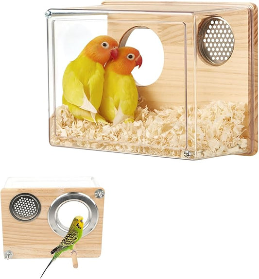 Parakeet Nesting Box for Cage, Transparent Acrylic Bird Nesting Box Bird Nest Clear Design, Bird House with Perch Breeding Box with Wood for Lovebird, Parakeet,Budgie, Parrot