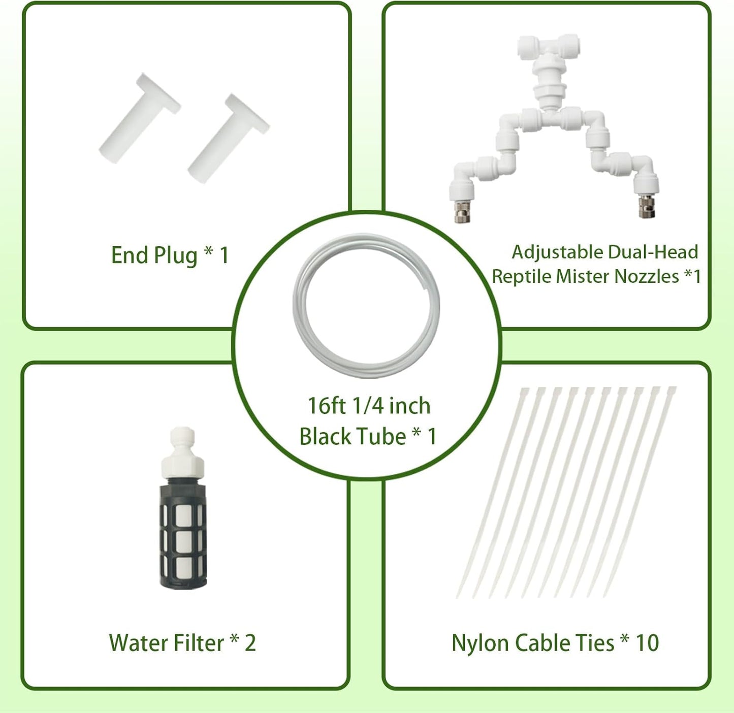 Reptile Terrariums Misting Accessories kit, Adjustable Dual-Head Reptile Mister Nozzles, with 16ft 1/4 inch Tube, White