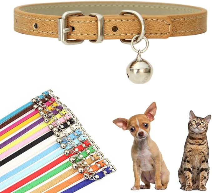 Khaki Small Dog Collar with Bell, Faux Leather Puppy Collar with Bells Pu Basic Boy Dog Collars for XXS XSmall Small Medium Pet Male Dogs Little Cats Tiny Animal, S