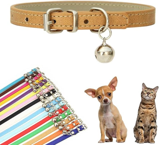 Khaki XXS Dog Collar with Bell, Faux Leather Kitten Collar with Bells Pu Basic Boy Dog Collars for XXS XSmall Small Medium Pet Male Dogs Little Cats Tiny Animal, XXSmall