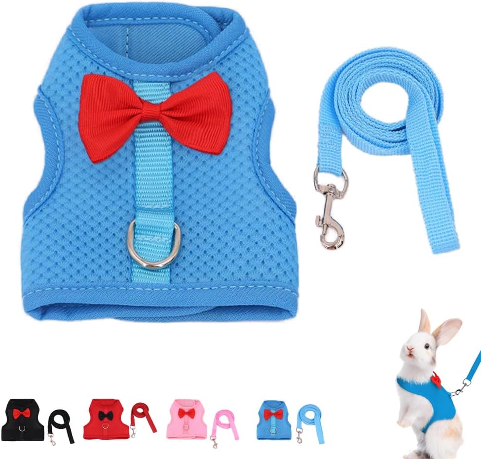 Rabbit Leash and Harness Set for Walking Escape Proof,Mesh Breathable Adjustable Bunny Leash Camping Hiking Training for Ferret Kitten Puppy Blue L (Chest:13.3-14.5")