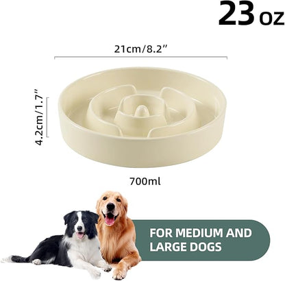 8.2inch Ceramic Slow Feeder Dog Bowl for Medium and Large Breed, Puzzle Dog Food Dish, Anti-Gulping, Pet Slow Feeder, Stop Bloat, Preventing Choking (Single Bowl-Beige)