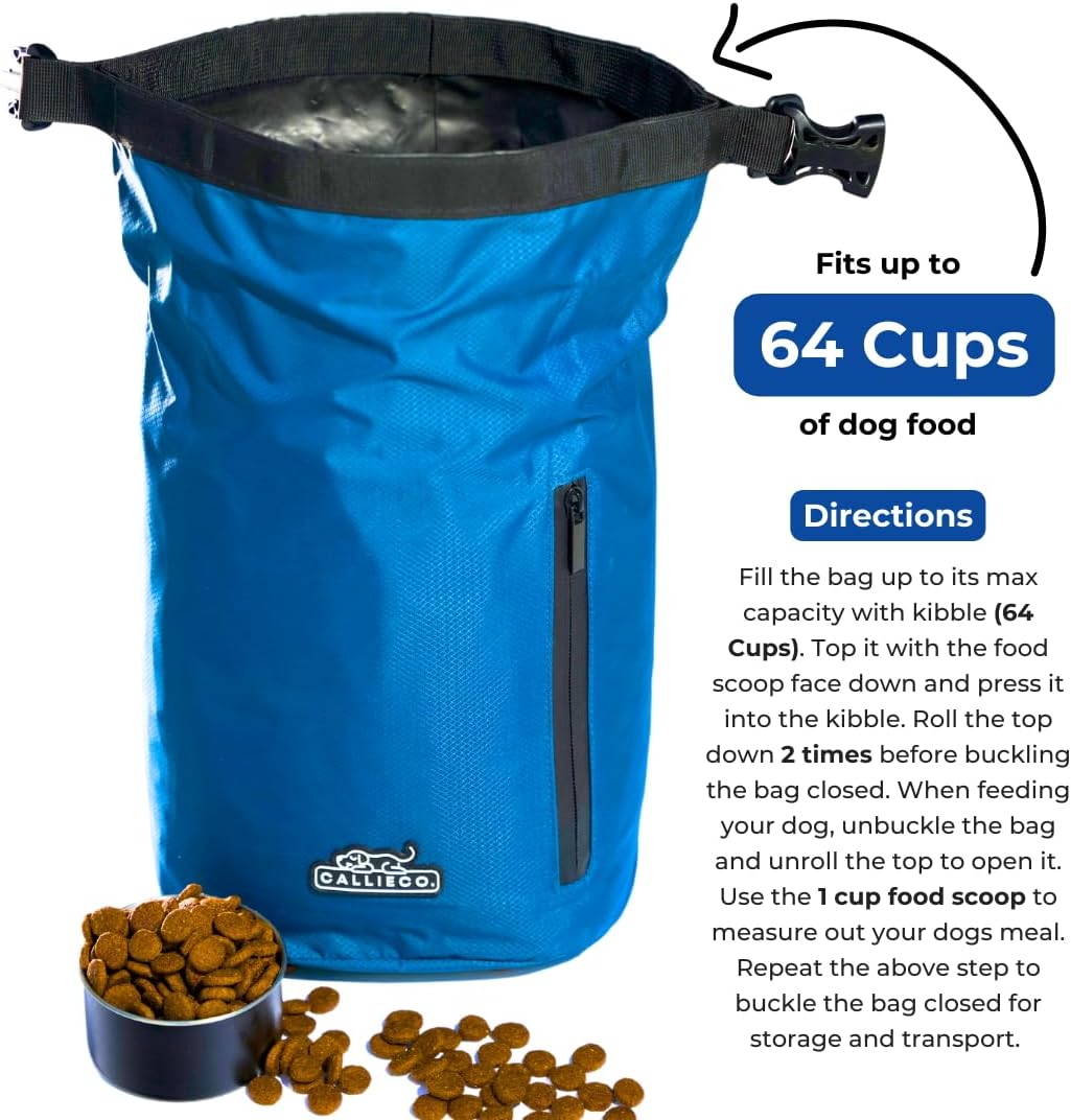 Callieco Dog Food Travel Bag w/ 1 Cup Scoop and Zipper Side Pocket | Waterproof Kibble Storage Container for Home, Road Trips, Camping, Boarding and More (Blue, 64 Cups)