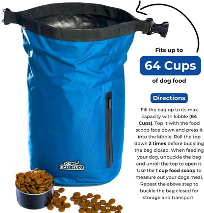 Callieco Dog Food Travel Bag w/ 1 Cup Scoop and Zipper Side Pocket | Waterproof Kibble Storage Container for Home, Road Trips, Camping, Boarding and More (Blue, 64 Cups)