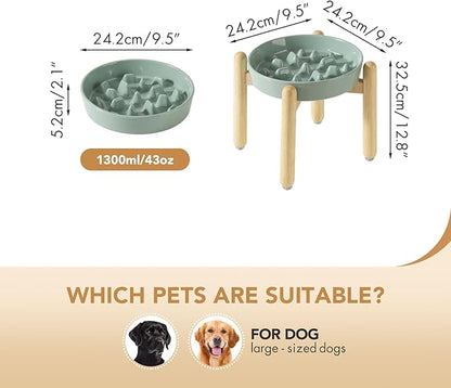 9.5inch Ceramic Dog Raised Slow Feeder Set, Elevated Bowl with Wooden Stand for Large Dog, Slow Feeder Dish for Fast Easters, Stop Bloat(Light Green, Single Bowl+ Stand)