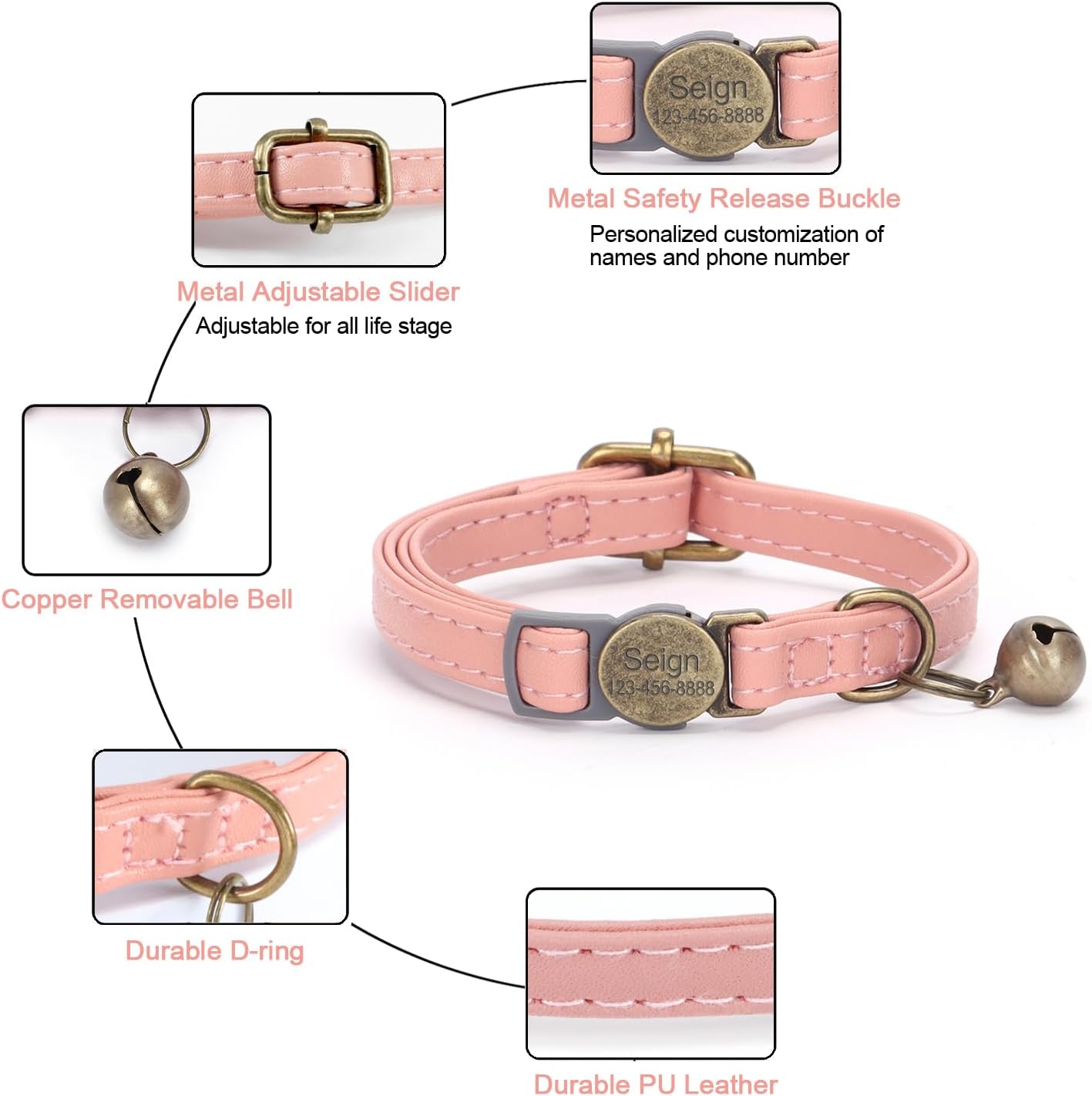 Cat Collar Breakaway, Personalized Leather Cat Collar with Bells-Adjustable Customized Collar with Name & Phone Number Tag for Girl Boy Cats -Quick Release Buckle for Cats & Kittens (Pink)