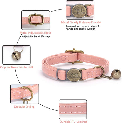 Cat Collar Breakaway, Personalized Leather Cat Collar with Bells-Adjustable Customized Collar with Name & Phone Number Tag for Girl Boy Cats -Quick Release Buckle for Cats & Kittens (Pink)