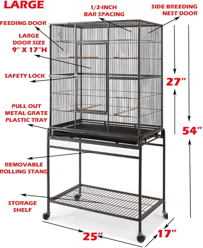 54" Large Wrought Iron Metal Bird Flight Breeder Cage with Side Breeding Nest Doors with Removable Rolling Stand