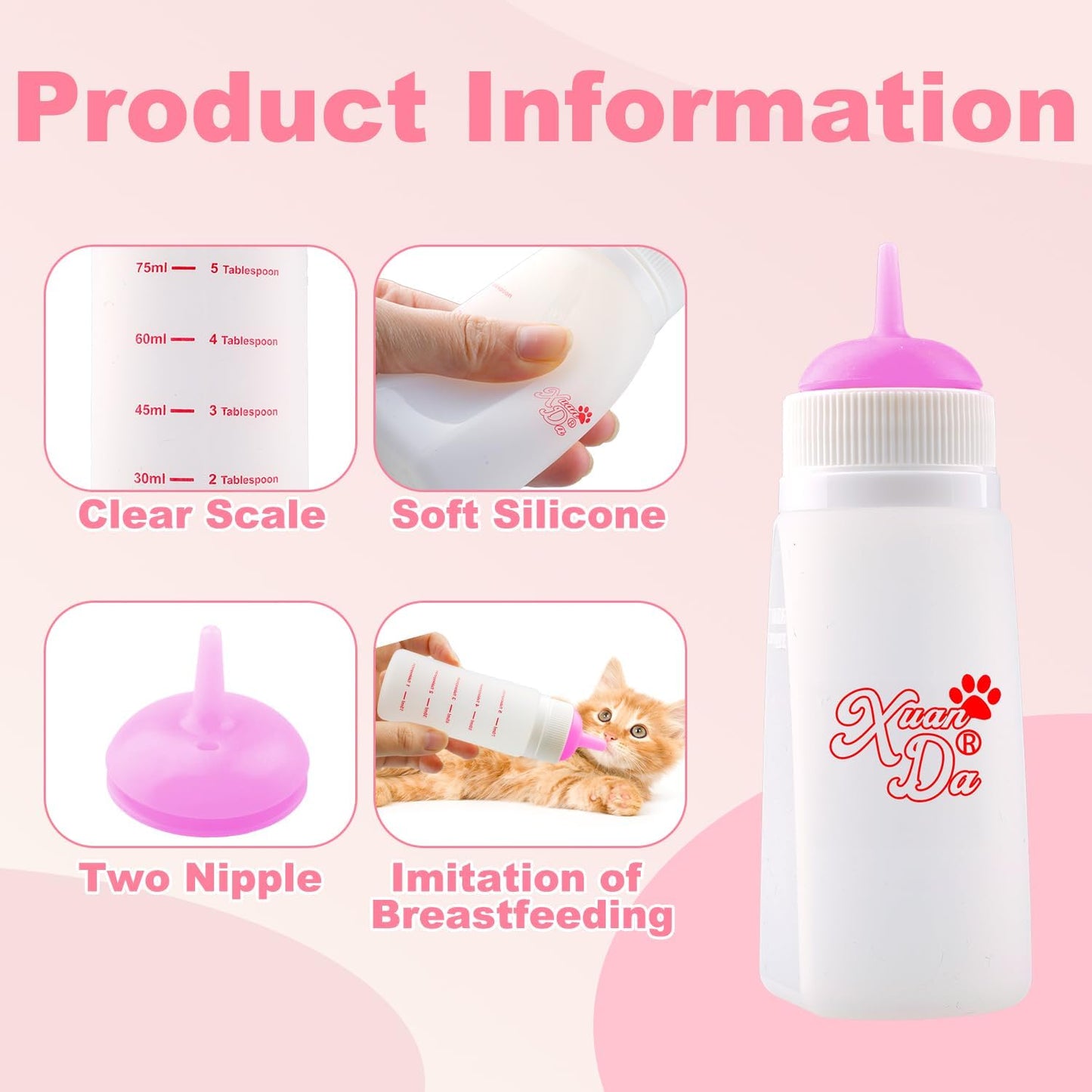 Kitten Bottle Feeding kit with Feeding Nipple and Syringe, Soft Silicone Nursing Pet Feeding Bottle, Ventilation Valve Resistant Tearing for Small Puppies, Kittens, Rabbit (M Nipple-Pink)