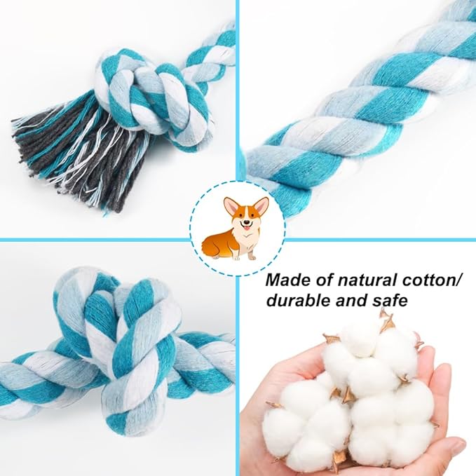 SZEE Dog Rope Toys, 14 in 3 Knots Chew Rope for Medium and Small Dogs, Natural Cotton Pull Toy for Tug of War and Teeth Cleaning (Blue)