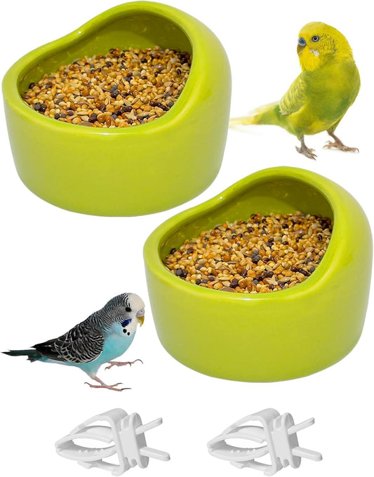 2 Pcs Ceramic Bird Food Bowls Parakeet Cage Water Bowl Birds Feeding Dish Parrot Water Feeder for Cage with 2 Plastic Feeding Clips for Parakeets Conure Cockatiels Lovebird Budgie (Green)