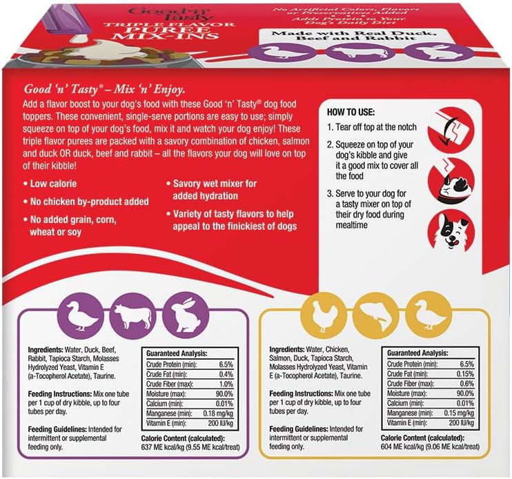 Good 'n' Tasty Triple Flavor Puree Mix-Ins Variety Pack Dog Food Topper Treats for All Dogs, 84 Count, Easy Single-Serve Portions, Added Protein with Chicken, Salmon, Duck, Beef and Rabbit