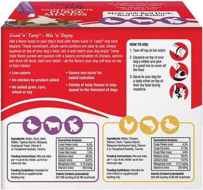 Good 'n' Tasty Triple Flavor Puree Mix-Ins Variety Pack Dog Food Topper Treats for All Dogs, 84 Count, Easy Single-Serve Portions, Added Protein with Chicken, Salmon, Duck, Beef and Rabbit