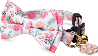 2 Pack Cotton Cat Collar with Bow Tie and Bell for Girl Boy Cats,Cute Pink Flower and Yellow Sunflower Pattern Spring Summer Breakaway Cat Collar for Male Female Cats (Flower&Sunflower)