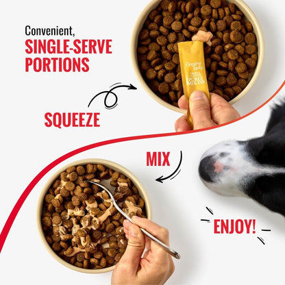 Good 'n' Tasty Triple Flavor Puree Mix-Ins Dog Food Topper Treats for All Dogs, 28 Count, Easy Single-Serve Portions, Added Protein with Chicken, Salmon and Duck