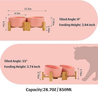 SPUNKYJUNKY 15° Slanted Ceramic Dog and Cat Bowl with Wooden Stand, Tilted Bulldog Food and Water Bowl No Slip Non-Spill for Cats Medium Dogs Big Face Pets 28.7 OZ (3.6 Cups, Pink × 2)