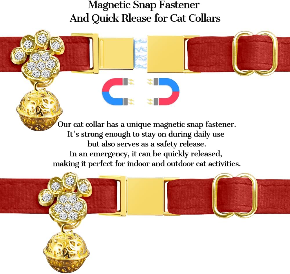 Personalized Breakaway Cat Collars - Magnetic Buckle, Bell - Safety Quick Release, Customized for Girls & Boys Cats- (Velvet-Red)