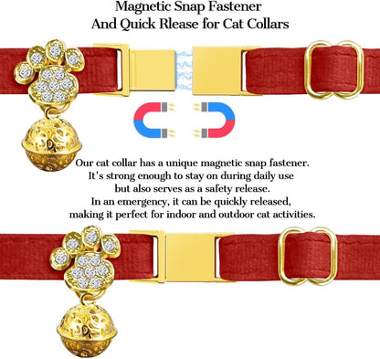 Personalized Breakaway Cat Collars - Magnetic Buckle, Bell - Safety Quick Release, Customized for Girls & Boys Cats- (Velvet-Red)