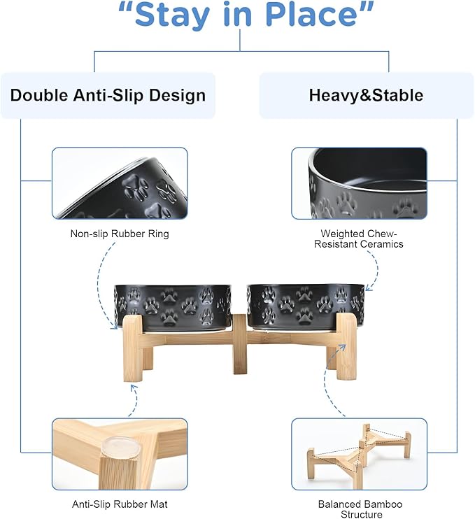 SPUNKYJUNKY Elevated Dog Bowls Ceramic, 5.1'' Dogs and Cat Food Water Bowls Raised with Non-Slip Bamboo Stand for Puppy Small Sized Breed Microwave Dishwasher Safe - 13.5 OZ,Paw Black