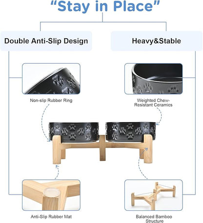 SPUNKYJUNKY Elevated Dog Bowls Ceramic, 5.1'' Dogs and Cat Food Water Bowls Raised with Non-Slip Bamboo Stand for Puppy Small Sized Breed Microwave Dishwasher Safe - 13.5 OZ,Paw Black