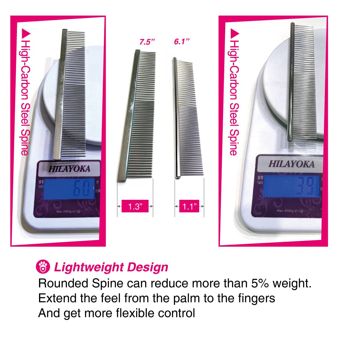 6.1" Comb with Rounded Ends Spine, Pet Comb for Professional Groomer Tool, for Short to Medium Haired Dog, Cat and other pets.