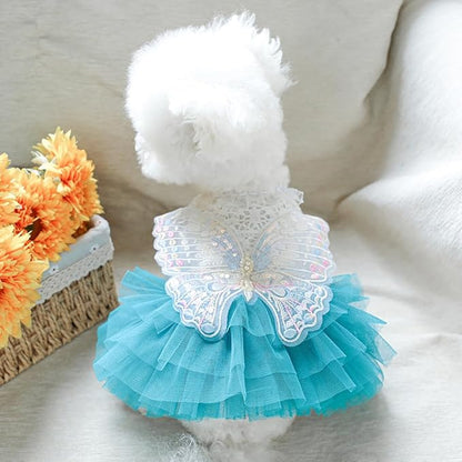 ANIAC Butterfly Dog Dress with Blue Tutu Funny Dog Clothes with Wing Girl Puppy Dress for Small Dogs Pet Butterfly Costume Holiday Cat Outfit for Halloween Birthday Wedding (Lake Blue, Medium)