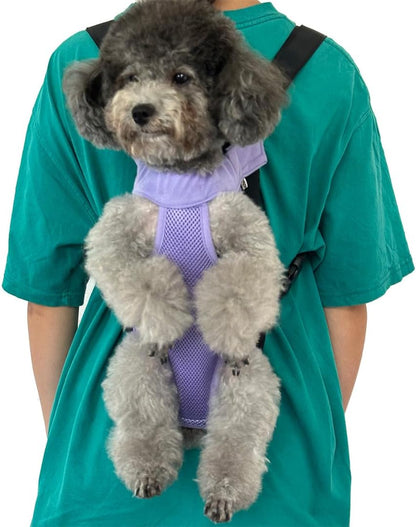 Pet Dog Carrier Backpack, Portable Breathable Mesh Chest Carrier, Polyester Woven Double Shoulder Pet Bag for Outdoor Adventures (Purple, Small)
