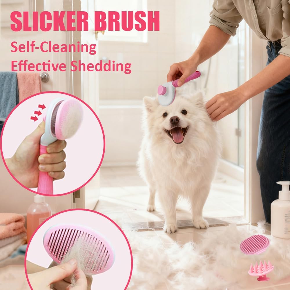 Dog Grooming Kit - Deshedding Brush for Short Hair, Slicker Brush, Flea Comb, Puppy Brush Set in Pink