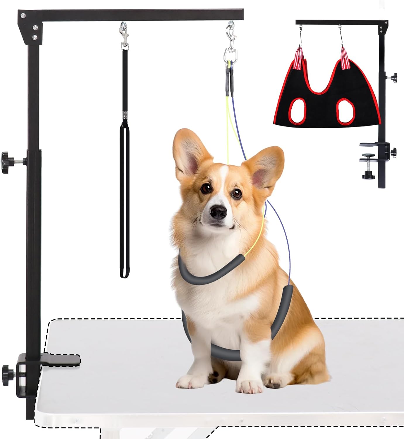 Dog Grooming Arm with Clamp, Heavy Duty Pet Grooming Table Arm with Grooming Hammock, Loop Noose & Two No-Sit Haunch Holder, 36" Height Adjustable for Medium & Small Pets, Black