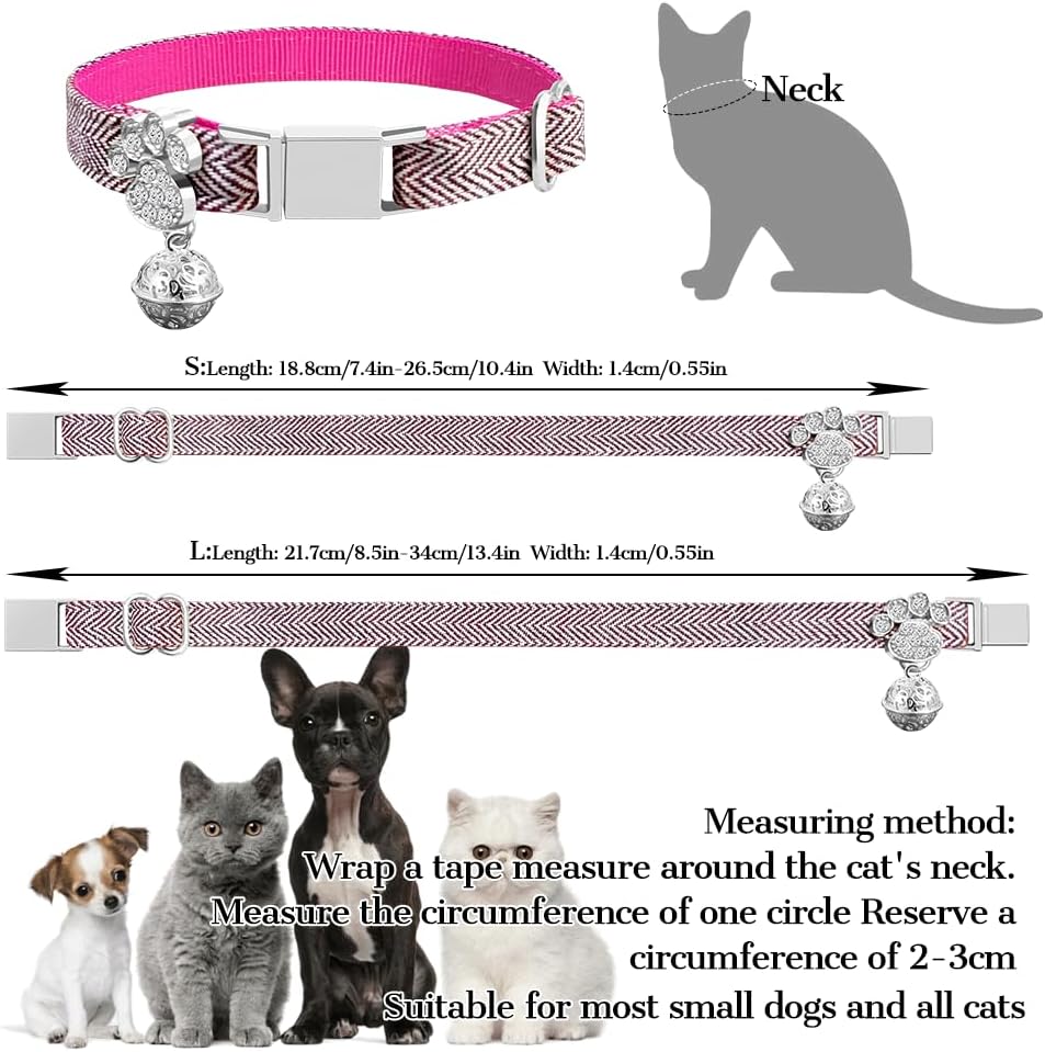 Personalized Breakaway Cat Collars - Magnetic Buckle, Bell - Safety Quick Release, Customized for Girls & Boys Cats- (Herringbone-Rose Red)