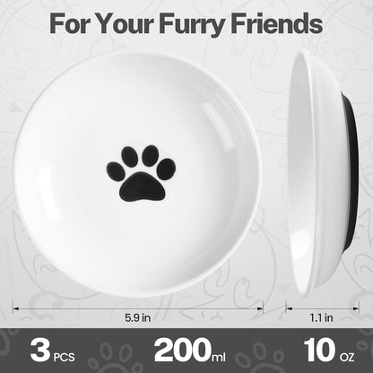 Cat Food Bowls, Whisker Friendly Ceramic Cat Bowls with Nonslip Silicone Bottom, Pack of 3 Quiet Cat Dishes and Plates for Feeding Indoor Cats, Kittens and Small Dogs(Cat Paw)