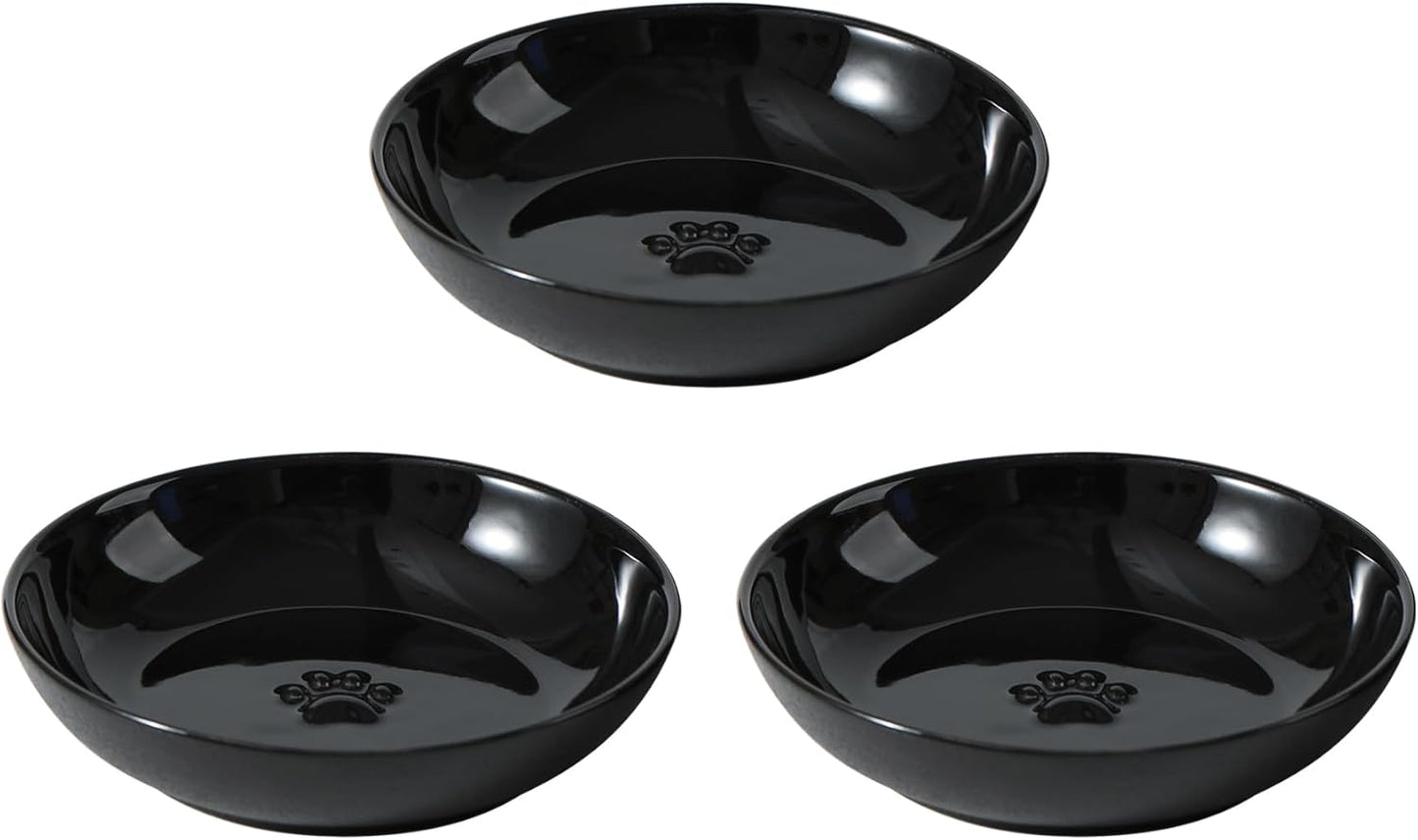 5.7'' Ceramic Wide Whisker Friendly Cat Dishes, Set of 3 Ceramic Cat Bowls, Indoor Kitten Feeding Food& Water Dish to Prevent Whisker Fatigue(3 Pcs, Black)