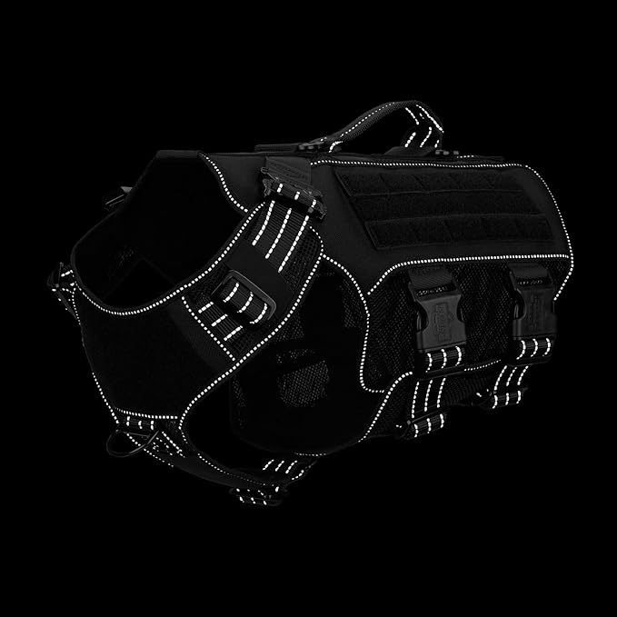 ICEFANG Tactical Mesh Dog Harness for X-Large Dogs,Reflective Dog Molle Vest with Metal Buckles,Hook and Loop Panels,No Pulling Front Clip for Walking Hiking Training (X-Large (Pack of 1), Black)