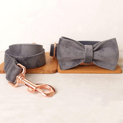 PETDURO Custom Dog Collar Personalized with Name Engraved Quick Release Rose Gold Metal Buckle for Large Medium Small Girl Dogs - Dog Leash and Bow Tie Available - Soft Comfy Velvet (Grey, S)