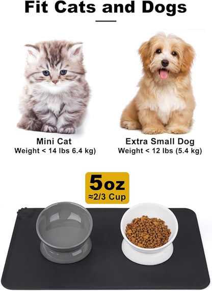 LoeJan Elevated Cat Food Bowl, 5 Oz Ceramic Raised and Tilted Water Bowl, Anti Vomiting and Protect Pets' Spines Dishes for Small Dog, Fat Faced Cat, Kitten (White & Grey)