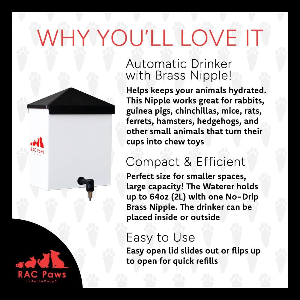 RentACoop 64oz(2L) Small Animal Drinker with No-Drip Brass Nozzle - Suitable for Small Pets, Bunnies, Hamsters, Guinea Pigs, Hedgehogs, Rabbits, Chinchillas, Mice and Rats