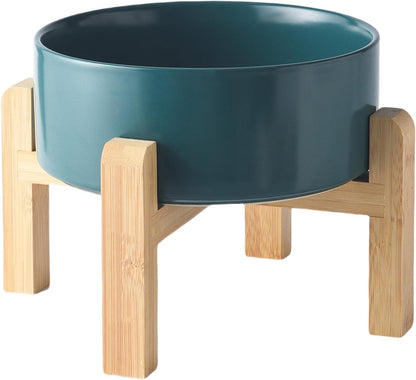 8'' Ceramic Raised Dog Bowl - 70Oz Dog Food & Water Bowl with Elevated Non-Slip Bamboo Stand, Dishwasher & Microwave Safe, Anti Vomiting Heavy Duty Pet Bowl for Medium and Large Dogs, Green