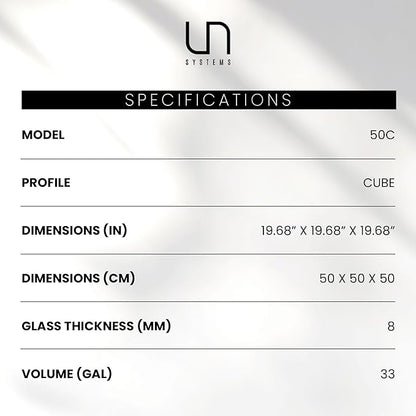 UNS Ultra Clear Rimless Tank - 33GAL | 125L - 19.68x19.68x19.68 | 50x50x50 CM, 8mm Glass Thickness, Leveling Mat Included - Low Iron, High Clarity Fish Tank w/ 45° Mitered Edge - [50C]