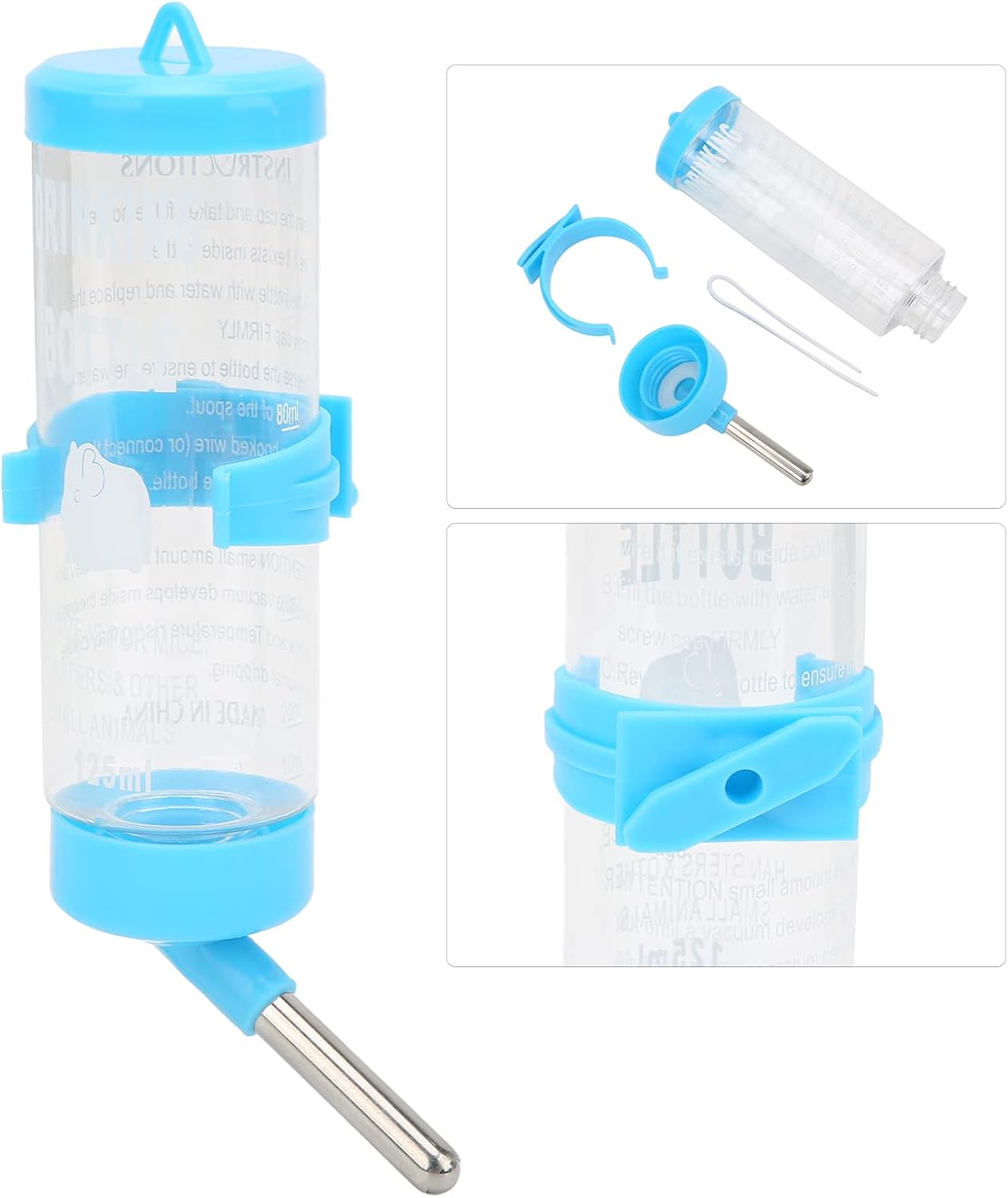 Hamsters Water Bottle, Automatic No Drip Hanging Water Feeder Dispenser for Small Animals Guinea Pig Rat Rabbit Dwarf Gerbil Chinchilla(Blue 125ML)