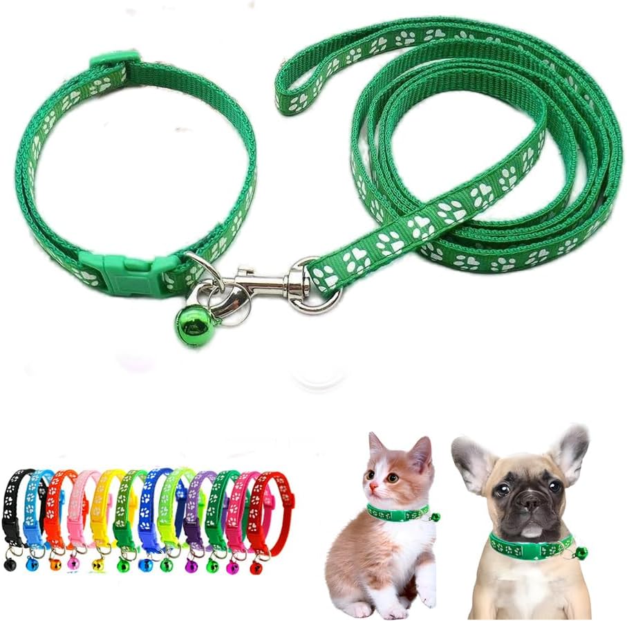 Dog Collar Puppy with Bell Leash Set,Nylon Basic Reflective Paw Print Cat Collars Boy for XXS Xs Small Pet Animal Litter Tiny Kitten,Dark Green