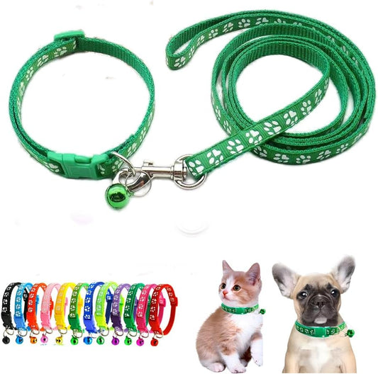 Dog Collar Puppy with Bell Leash Set,Nylon Basic Reflective Paw Print Cat Collars Boy for XXS Xs Small Pet Animal Litter Tiny Kitten,Dark Green