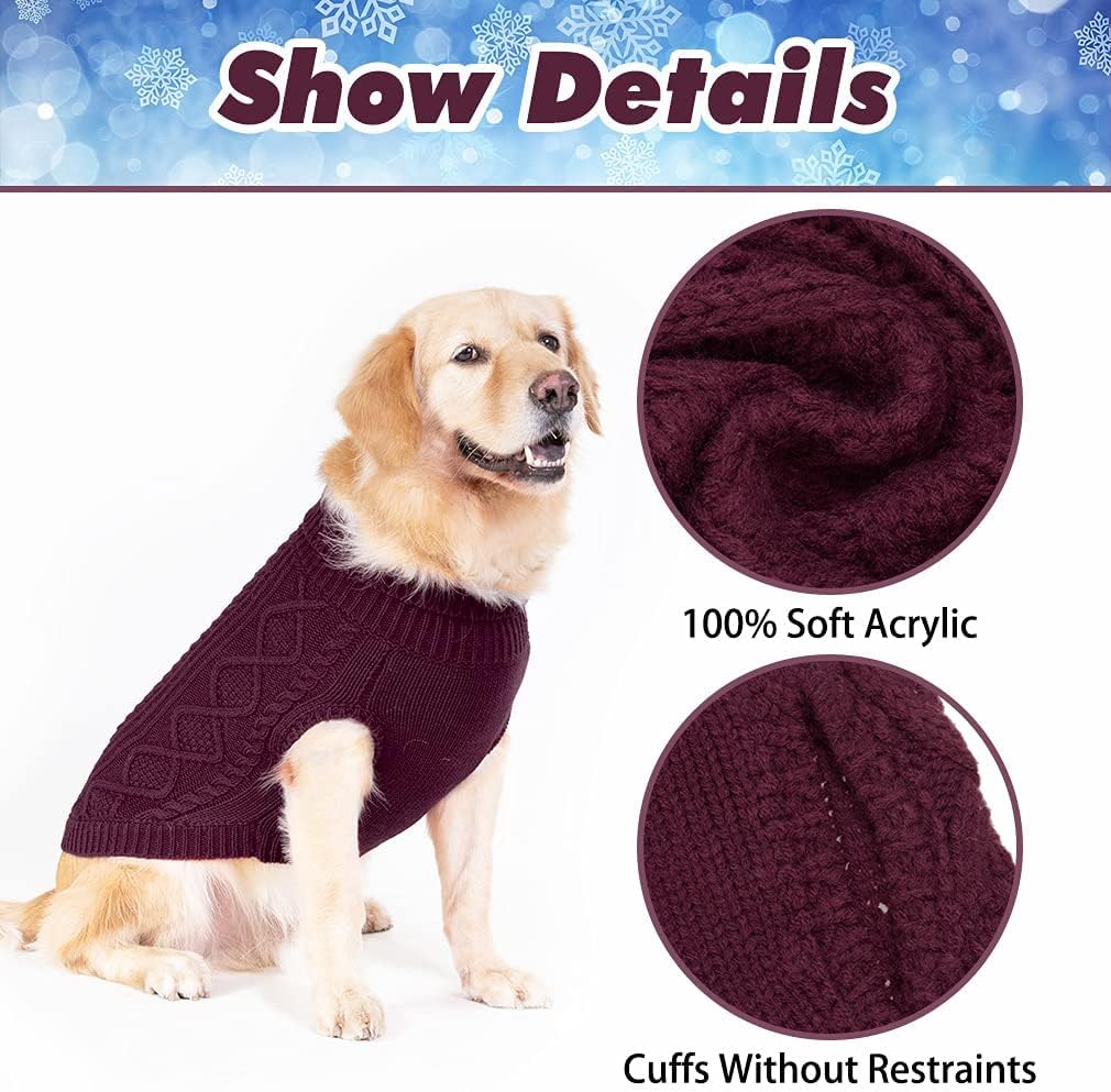 BINGPET Thermal Knitted Dog Sweater for Small Medium Large Dogs,Winter Dog Cat Coat Warm Sweartershirts Outfits,Classic Cable Knit Turtleneck Pullover Dog Jumper Coat Warm Sweartershirts