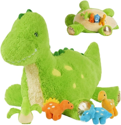 Tezituor Cute Dinosaur Stuffed Animal with 4 Baby,Dinosaurs Plush Toys,Mommy Dinosaurs,3 Baby, Large Dino Plushies Gifts for Girls Boys Kids Christmas Easter Birthday Children's Day, Green
